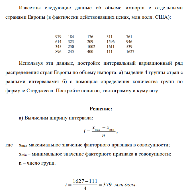 Известны следующие данные об объеме импорта с отдельными странами Европы (в фактически действовавших ценах, млн.долл. США): Используя эти данные, постройте интервальный вариационный ряд распределения стран Европы по