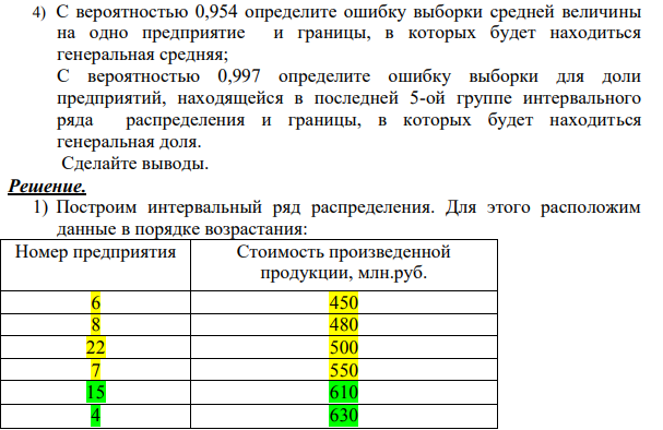 Имеются данные (выборка 5% механическая) по 20 предприятиям за отчетный период: