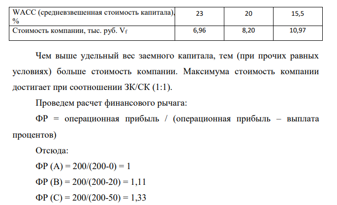 1. Рассчитать текущую рыночную стоимость (Vf) компании путем деления POI (операционная прибыль, уменьшенная на сумму налогообложения) на средневзвешенную стоимость капитала (WACC). 2. Определить, как влияет изменение структуры капитала на стоимость компании.