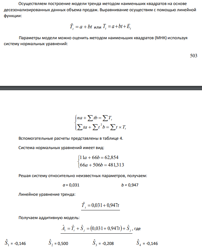 Осуществляем построение модели тренда методом наименьших квадратов на основе десезонализированных данных объема продаж. Выравнивание осуществим с помощью линейной функции: T a bt ˆ t или t Et T a bt 