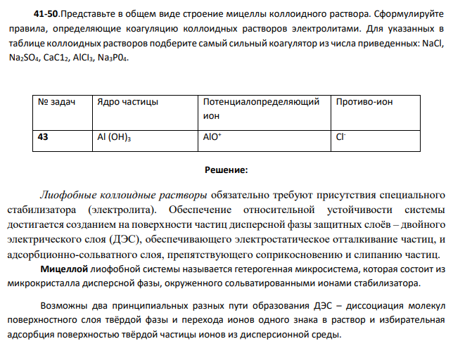 Представьте в общем виде строение мицеллы коллоидного раствора. Сформулируйте правила, определяющие коагуляцию коллоидных растворов электролитами. Для указанных в таблице коллоидных растворов подберите самый сильный коагулятор из числа приведенных: NaCl, Na2SO4, СаС12, AlCI3, Na3P04. № задач Ядро частицы Потенциалопределяющий ион Противо-ион 43 Al (OH)3 AlO + Cl