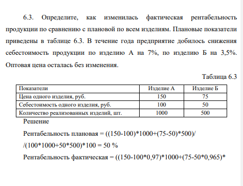 Определите, как изменилась фактическая рентабельность продукции по сравнению с плановой по всем изделиям. Плановые показатели приведены в таблице 6.3.
