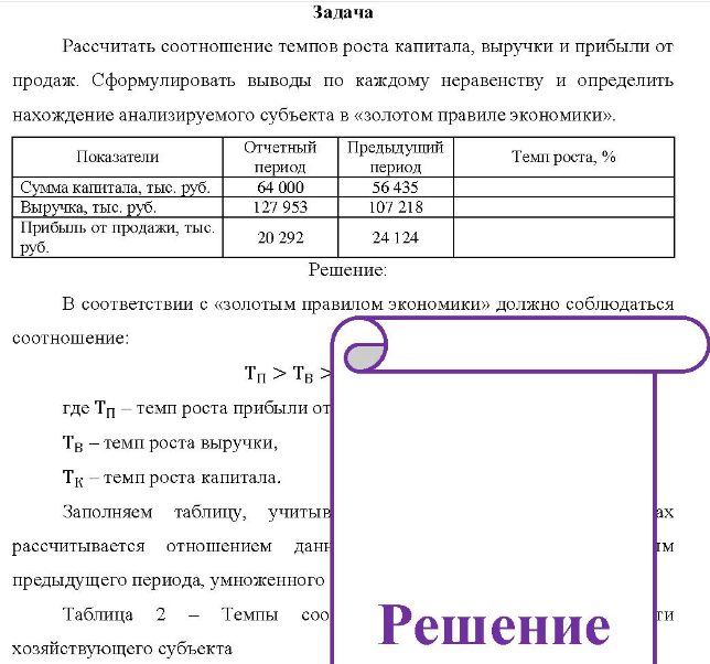 Рассчитать соотношение темпов роста капитала, выручки и прибыли от продаж. Сформулировать выводы по каждому неравенству и определить нахождение анализируемого субъекта в «золотом правиле экономики».