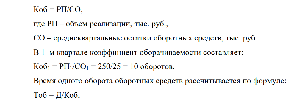 В первом квартале – предприятие реализовало продукции на сумму 250 тыс. руб., – среднеквартальные остатки оборотных средств составили 25 тыс. руб. Во втором квартале – объем реализации продукции увеличится на 10 %, а время одного оборота оборотных средств будет сокращено на один день.