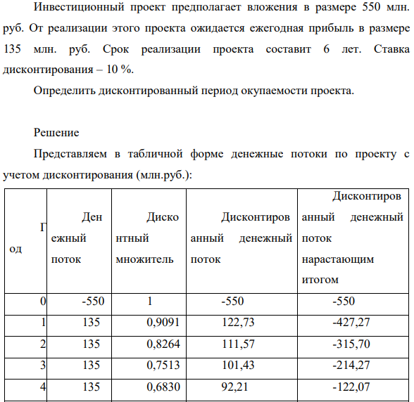 Инвестиционный  проект предполагает вложения в размере 550 млн. руб. От реализации этого проекта ожидается ежегодная прибыль в размере 135 млн. руб.