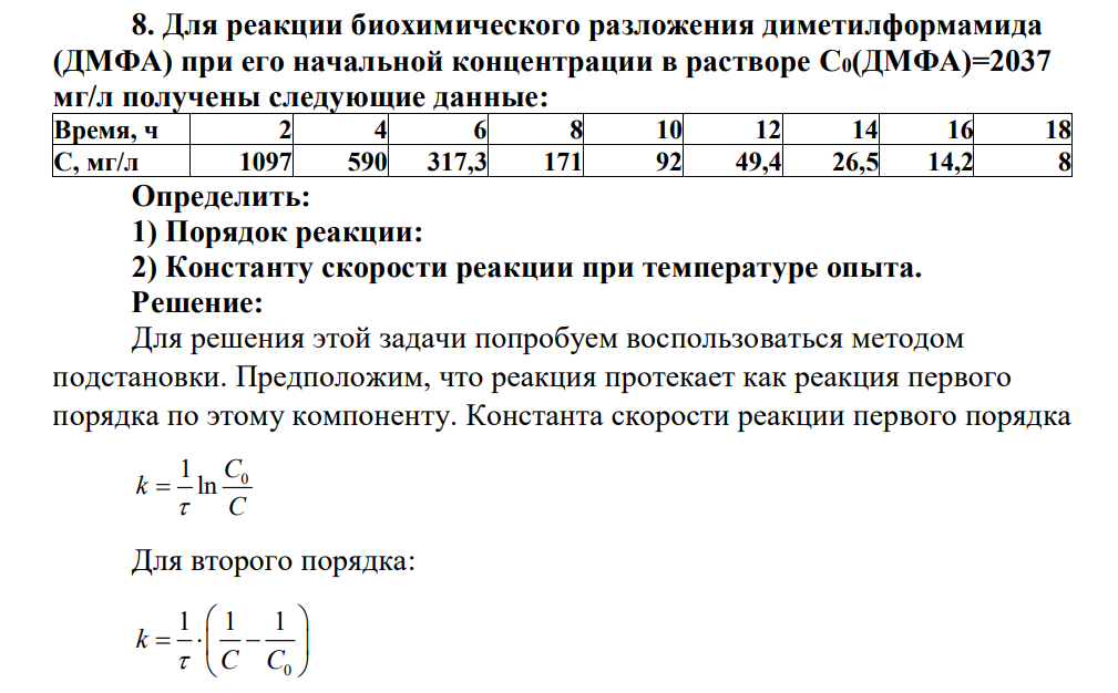 Для реакции биохимического разложения диметилформамида (ДМФА) при его начальной концентрации в растворе С0(ДМФА)=2037 мг/л получены следующие данные: Время, ч 2 4 6 8 10 12 14 16 18 С, мг/л 1097 590 317,3 171 92 49,4 26,5 14,2 8 Определить: 1) Порядок реакции: 2) Константу скорости реакции при температуре опыта.