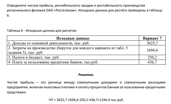 Определите чистую прибыль, рентабельность продаж и рентабельность производства регионального филиала ОАО «Ростелеком». Исходные данные для расч6та приведены в таблице 6. Таблица 6 - Исходные данные для расчетов