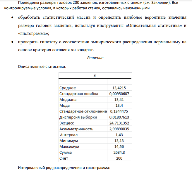 Приведены размеры головок 200 заклепок, изготовленных станком (см. Заклепки). Все контролируемые условия, в которых работал станок, оставались неизменными. обработать статистический массив и определить наиболее вероятные значения размера головок заклепок, используя инструменты