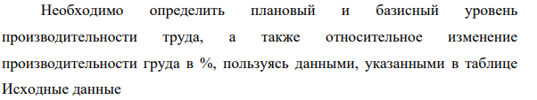 Необходимо определить плановый и базисный уровень производительности труда, а также относительное изменение производительности груда в %, пользуясь данными, указанными в таблице.  Исходные данные  Продукция По отчету прошлого года По плану на отчетный год