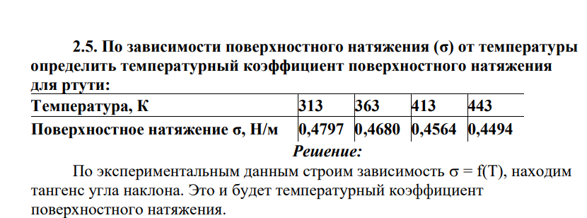 По зависимости поверхностного натяжения (σ) от температуры определить температурный коэффициент поверхностного натяжения для ртути: Температура, К 313 363 413 443 Поверхностное натяжение σ, Н/м 0,4797 0,4680 0,4564 0,4494