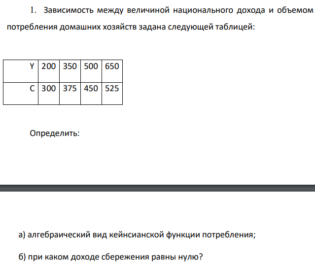 Зависимость между величиной национального дохода и объемом потребления домашних хозяйств задана следующей таблицей: Y 200 350 500 650 C 300 375 450 525 Определить: а) алгебраический вид кейнсианской функции потребления;