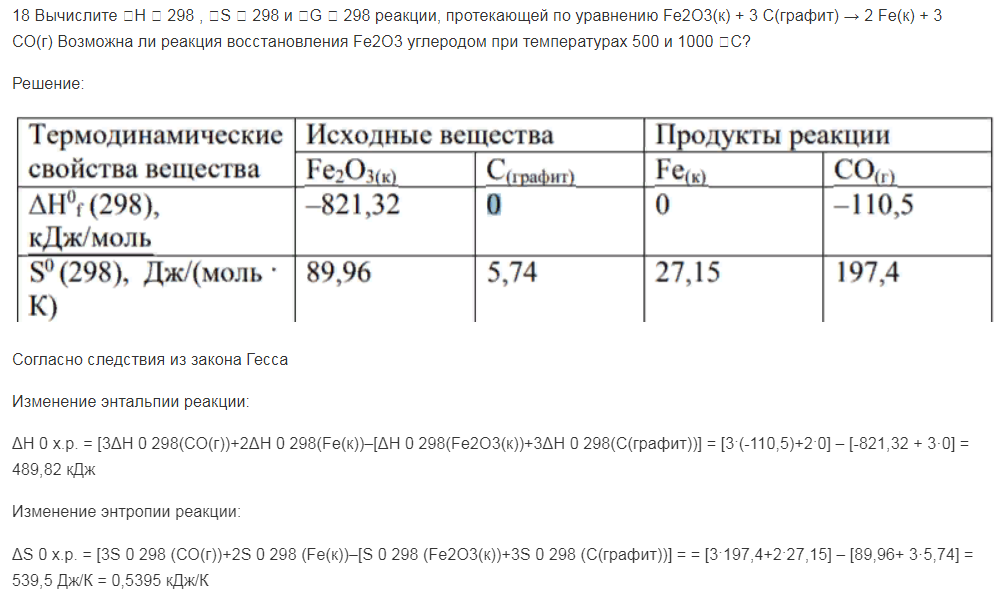 Вычислите Н 298 , S 298 и G 298 реакции, протекающей по уравнению Fe2O3(к) + 3 C(графит) → 2 Fe(к) + 3 СО(г) Возможна ли реакция восстановления Fe2O3 углеродом при температурах 500 и 1000 С?