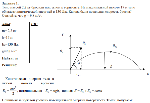 Задание 1. Тело массой 2,2 кг бросили под углом к горизонту. На максимальной высоте 17 м тело обладает кинетической энергией в 130 Дж. Какова была начальная скорость броска? Считайте, что g = 9,8 м/с2 .