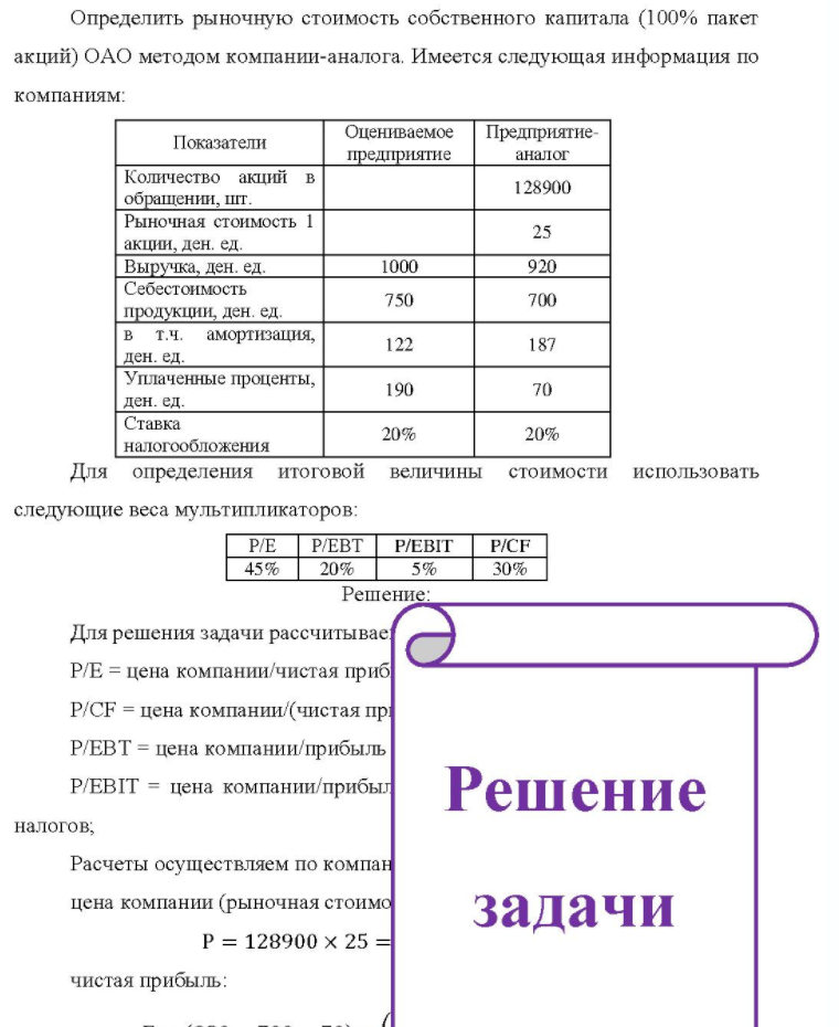 Определить рыночную стоимость собственного капитала (100% пакет акций) ОАО методом компании-аналога. Имеется следующая информация по компаниям: Показатели Оцениваемое Предприятие- предприятие аналог Количество акций в обращении, шт.