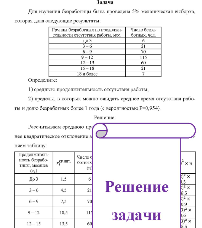Для изучения безработицы была проведена 5% механическая выборка, которая дала следующие результаты: Группы безработных по продолжи- Число безра- тельности отсутствия работы, мес. ел. ботных, чел. До 3 70 9-12 12-15 15 - 18 21 18 и более Определите: