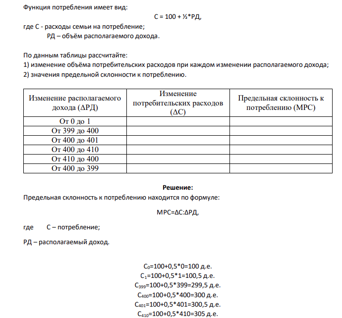 Функция потребления имеет вид: С = 100 + ½*РД, где С - расходы семьи на потребление; РД – объём располагаемого дохода. По данным таблицы рассчитайте: 1) изменение объёма потребительских расходов при каждом изменении располагаемого дохода; 2) значения предельной склонности к потреблению.