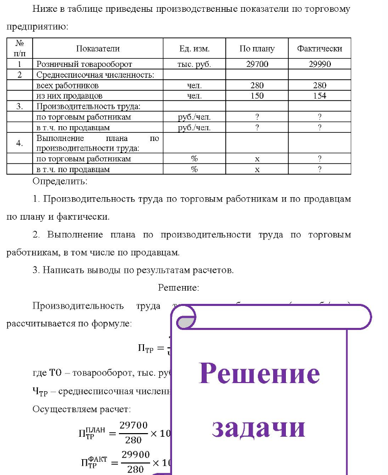Ниже в таблице приведены производственные показатели по торговому предприятию: № п/п Показатели Ед. изм. По плану Фактически Розничный товарооборот Среднесписочная численность: всех работников из них продавцов 3. Производительность труда: по торговым работникам в т.ч. по продавцам