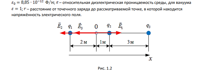 В вакууме на одной прямой расположены три точечных заряда: , и . Определить напряженность электрического поля в точке 0.