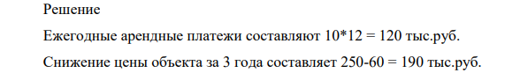 Арендная плата в соответствии с договором аренды составляет 10 тыс. руб. в месяц. Срок аренды 3 года. Цена объекта в момент сдачи в аренду – 250 тыс. руб.; по истечении срока аренды – 60 тыс. руб.