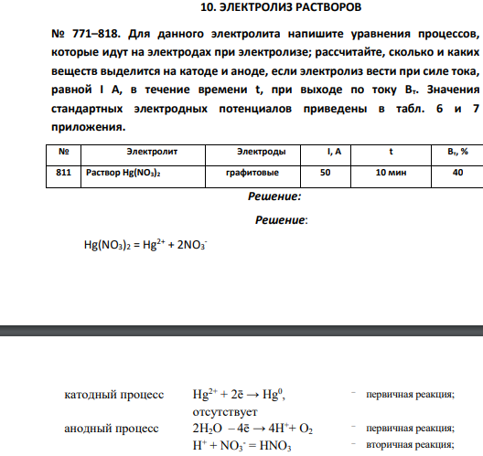 Для данного электролита напишите уравнения процессов, которые идут на электродах при электролизе; рассчитайте, сколько и каких веществ выделится на катоде и аноде, если электролиз вести при силе тока, равной I А, в течение времени t, при выходе по току Вт. Значения стандартных электродных потенциалов приведены в табл. 6 и 7