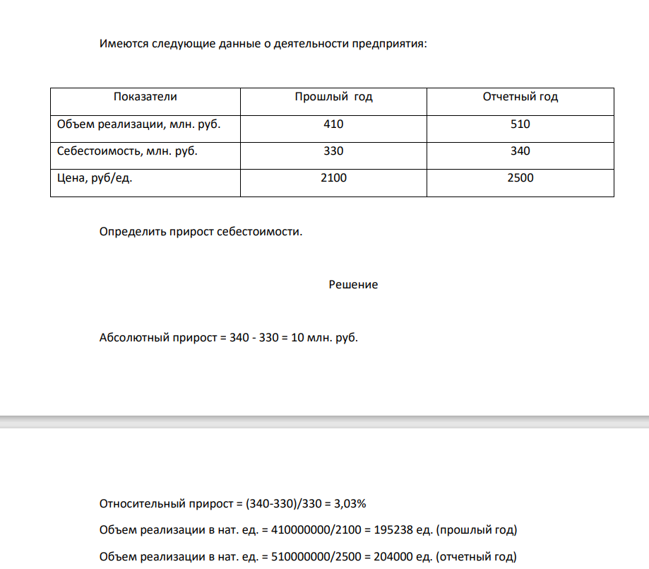 Имеются следующие данные о деятельности предприятия: Показатели Прошлый год Отчетный год Объем реализации, млн. руб. 410 510 Себестоимость, млн. руб. 330 340 Цена, руб/ед. 2100 2500 Определить прирост себестоимости.