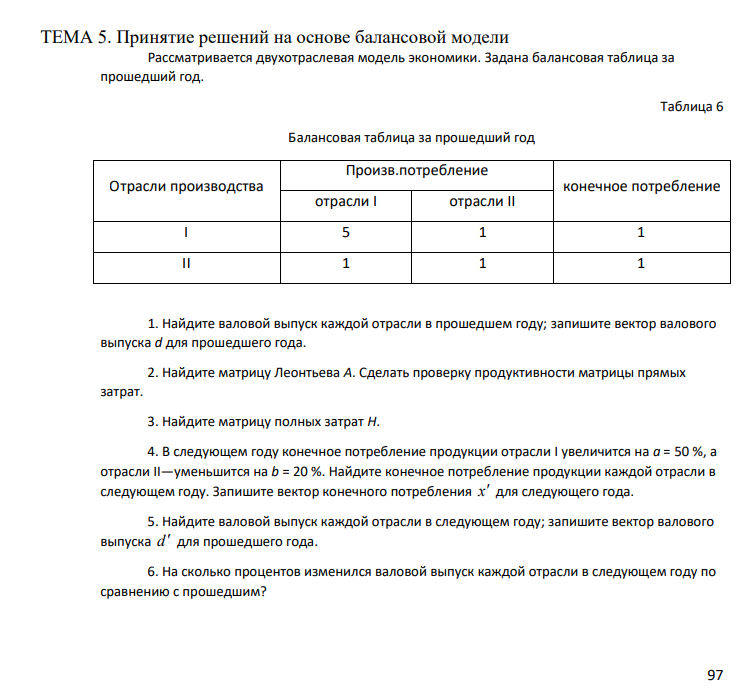 Принятие решений на основе балансовой модели Рассматривается двухотраслевая модель экономики. Задана балансовая таблица за прошедший год. Таблица
