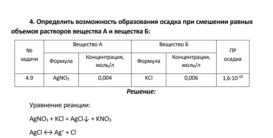 Определить возможность образования осадка при смешении равных объемов растворов вещества А и вещества Б: № задачи Вещество А Вещество Б ПР осадка Формула Концентрация, моль/л Формула Концентрация, моль/л 4.9 AgNO3 0,004 KCl 0,006 1,610-10