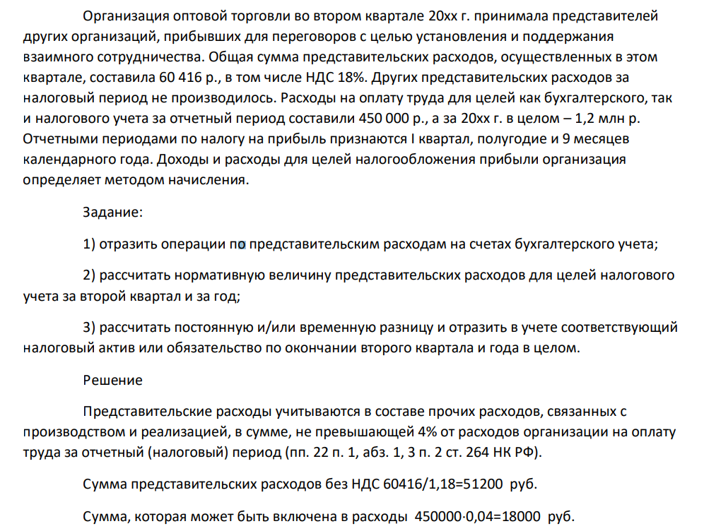 Организация оптовой торговли во втором квартале 20хх г. принимала представителей других организаций, прибывших для переговоров с целью установления и поддержания взаимного сотрудничества. Общая сумма представительских расходов, осуществленных в этом квартале, составила 60 416 р., в том числе НДС 18%.