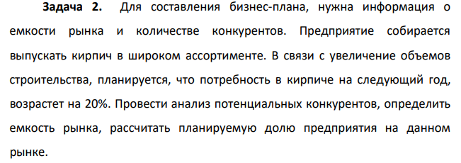 Для составления бизнес-плана, нужна информация о емкости рынка и количестве конкурентов. Предприятие собирается выпускать кирпич в широком ассортименте.