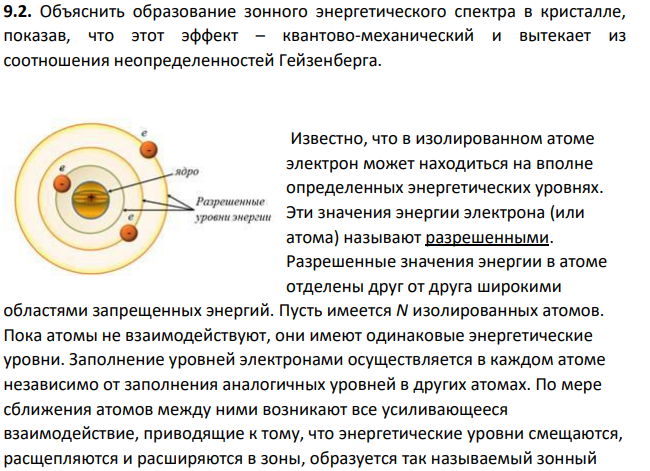 Объяснить образование зонного энергетического спектра в кристалле, показав, что этот эффект – квантово-механический и вытекает из соотношения неопределенностей Гейзенберга.