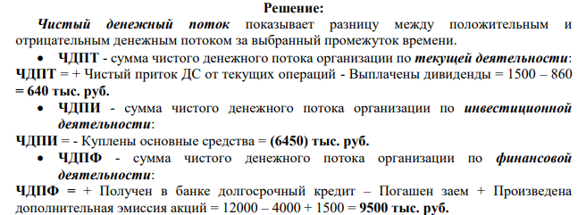 Отчет о движении денежных средств Наименование показателя Сумма, тыс. руб. Денежные потоки от текущих операций Поступления - всего 1500 Чистый приток от текущих операций 1500 Платежи - всего (860)