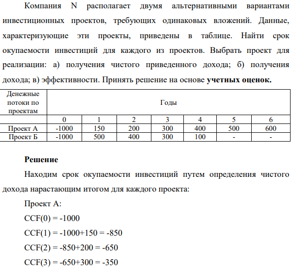 Компания N располагает двумя альтернативными вариантами инвестиционных проектов, требующих одинаковых вложений. Данные, характеризующие эти проекты, приведены в таблице. Найти срок окупаемости инвестиций для каждого из проектов.