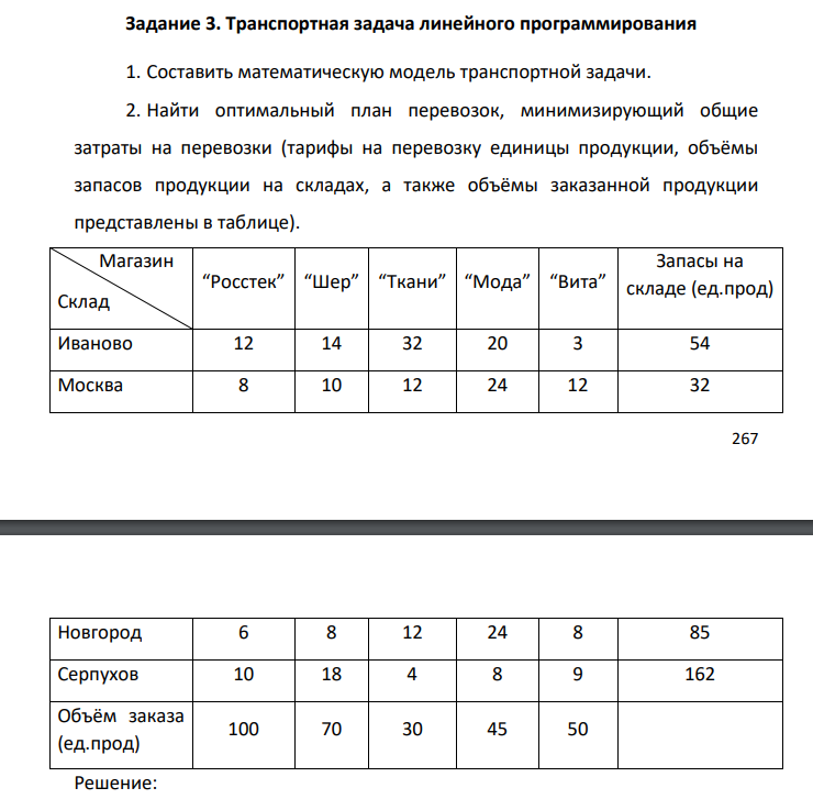 . Транспортная задача линейного программирования 1. Составить математическую модель транспортной задачи. 2. Найти оптимальный план перевозок, минимизирующий общие затраты на перевозки (тарифы на перевозку единицы продукции, объёмы запасов продукции на складах, а также объёмы заказанной продукции представлены в таблице).