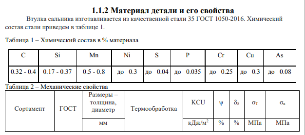 Материал детали и его свойства Втулка сальника изготавливается из качественной стали 35 ГОСТ 1050-2016. Химический состав стали приведем в таблице 1