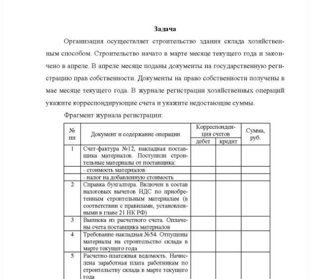 Задача Организация осуществляет строительство здания склада хозяйствен- ным способом Строительство начато в марте месяце текущего года и закон- чено в апреле. В апреле месяце поданы документы на государственную регистрацию прав собственности