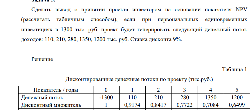 Сделатть вывод о принятии проекта инвестором на основании показателя NPV (рассчитать табличным способом), если при первоначальных единовременных инвестициях в 1300 тыс. руб. проект будет генерировать следующий денежный поток доходов: 110, 210, 280, 1350, 1200 тыс. руб. Ставка дисконта 9%.
