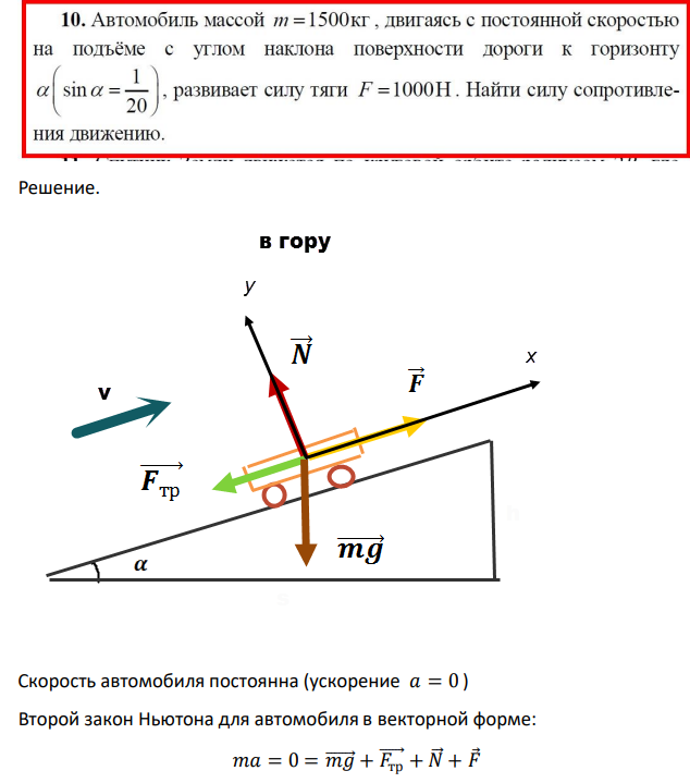 Автомобиль массой m=1500кг, двигаясь с постоянной скоростью на подъеме с углом наклона поверхности дороги к горизонту а(sin a=1/20), развивает силу тяги F=1000Н. Найти силу сопротивления движению.