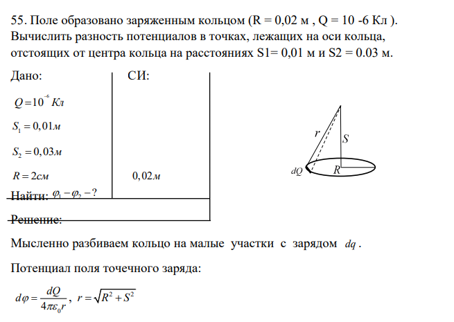 Поле образовано заряженным кольцом (R = 0,02 м , Q = 10 -6 Кл ). Вычислить разность потенциалов в точках, лежащих на оси кольца, отстоящих от центра кольца на расстояниях S1= 0,01 м и S2 = 0.03 м. Дано: СИ: 6 Q 10 Кл 1 S 0,01м 2 S 0,03м R 2см 0,02м Найти: 1 2 ?