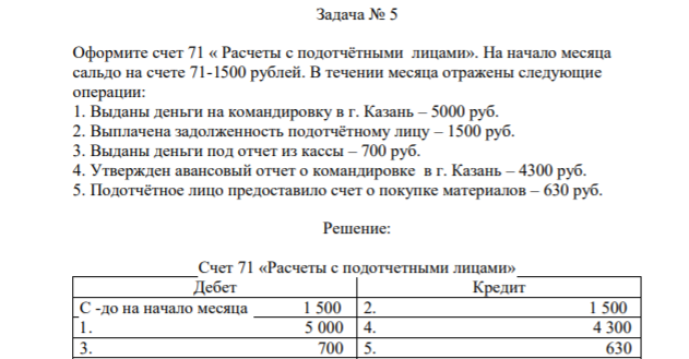 Задача № 5 Оформите счет 71 « Расчеты с подотчётными лицами». На начало месяца сальдо на счете 71-1500 рублей. В течении месяца отражены следующие операции: 1. Выданы деньги на командировку в г. Казань – 5000 руб.