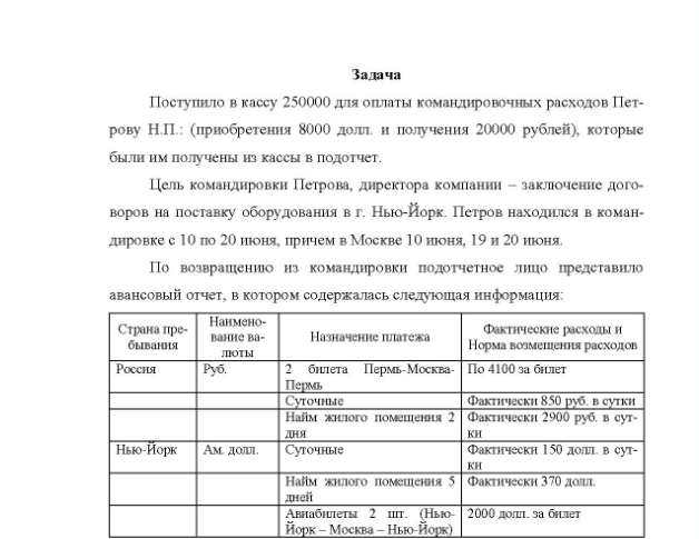 Задача Поступило в кассу 250000 для оплаты командировочных расходов Пет- рову Н.П.: (приобретения 8000 долл. и получения 20000 рублей), которые были им получены из кассы в подотчет. Цель командировки Петрова, директора компании - заключение дого- воров на поставку оборудования в г. Нью-Йорк.