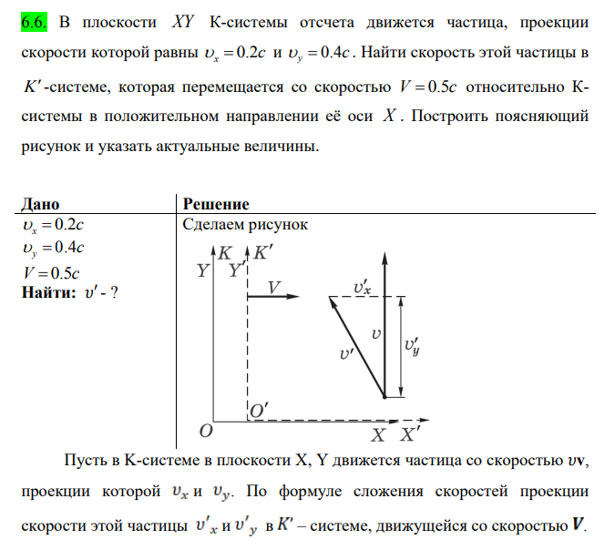 В плоскости XY К-системы отсчета движется частица, проекции скорости которой равны 0.2 x c и 0.4 y c . Найти скорость этой частицы в K-системе, которая перемещается со скоростью V c 0.5 относительно Ксистемы в положительном направлении её оси X .