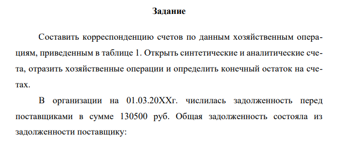 Составить корреспонденцию счетов по данным хозяйственным операциям, приведенным в таблице 1. Открыть синтетические и аналитические счета, отразить хозяйственные операции и определить конечный остаток на счетах. В организации на 01.03.20ХХг. числилась задолженность перед поставщиками в сумме 130500 руб.