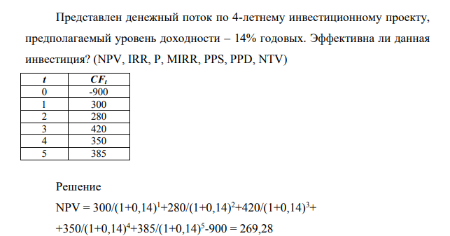Представлен денежный поток по 4-летнему инвестиционному проекту, предполагаемый уровень доходности – 14% годовых. Эффективна ли данная инвестиция? (NPV, IRR, P, MIRR, PPS, PPD, NTV)