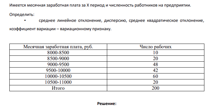 Имеется месячная заработная плата за Х период и численность работников на предприятии. Определить: • среднее линейное отклонение, дисперсию, среднее квадратическое отклонение, коэффициент вариации – вариационному признаку.