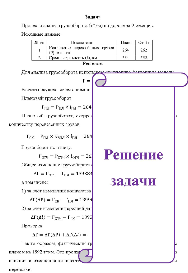 Провести анализ грузооборота (т*км) по дороге за 9 месяцев. Исходные данные: №п/п Показатели План Отчёт 1 Количество перевезённых грузов (P), млн. тн Средняя дальность (С), км 264 534 262 532 Решение: Для Для анализа грузооборота использием олеллашшофаковшломолеш г= Расчеты осуществляем