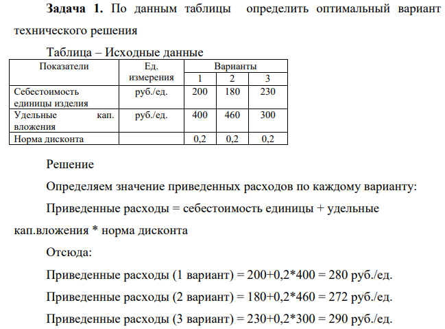 По данным таблицы определить оптимальный вариант технического решения Таблица – Исходные данные