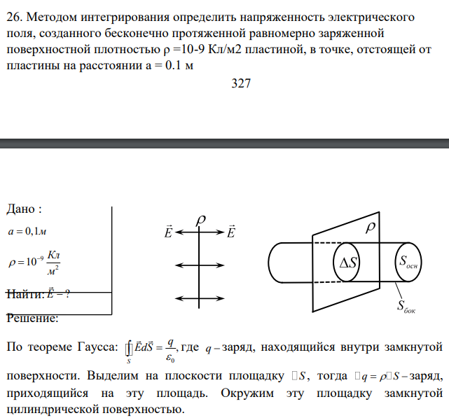 Методом интегрирования определить напряженность электрического поля, созданного бесконечно протяженной равномерно заряженной поверхностной плотностью ρ =10-9 Кл/м2 пластиной, в точке, отстоящей от пластины на расстоянии а = 0.1 м 328