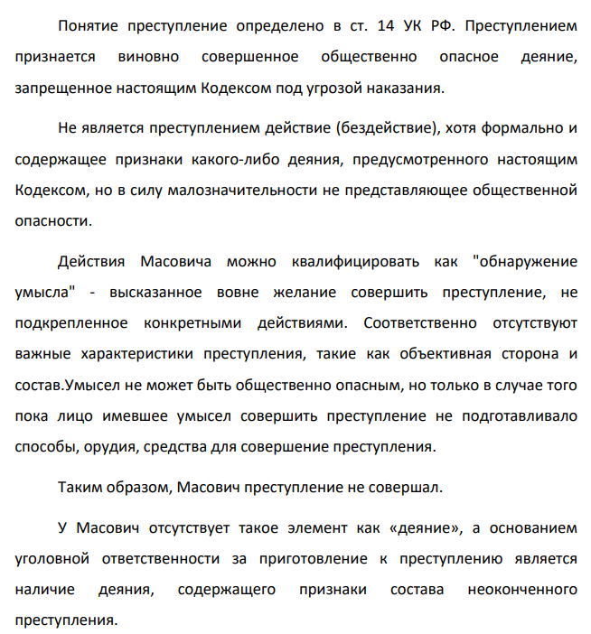 Масович задумал совершить разбойное нападение на пункт обмена валюты. Продумав план ограбления, он понял, что ему необходим сообщник. Он позвонил по телефону Варогову, предложив принять участие в нападении. Тот отказался. Совершил ли Масович преступление?