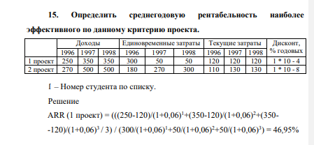 Определить среднегодовую рентабельность наиболее эффективного по данному критерию проекта. Доходы
