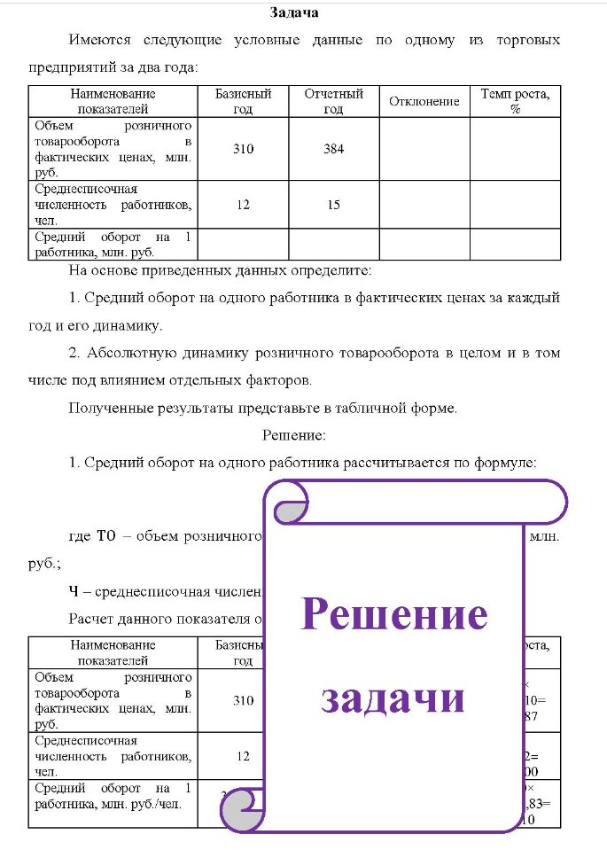Задача Имеются следующие условные данные по одному из торговых предприятий за два года: Наименование показателей Базисный год Отчетный год Отк Отклонение Темп роста, % Объем розничного товарооборота B фактических ценах, млн. руб.